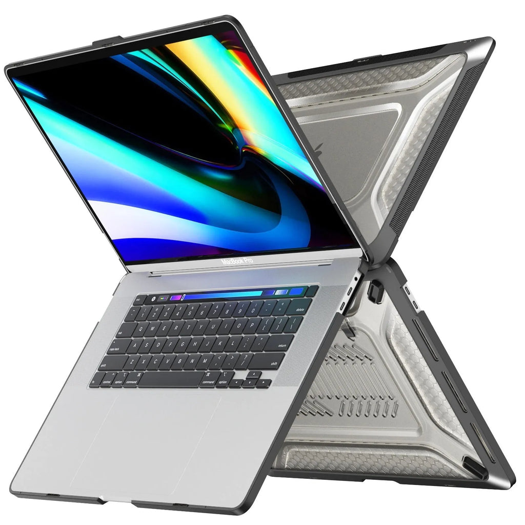 MacBook Protective hard shell case in cool black, starry sky gray, elegant apricot, and sapphire blue colours.