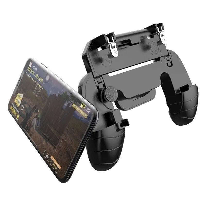 Black telescopic mobile game handle clipped onto a smartphone, showing left and right grip.