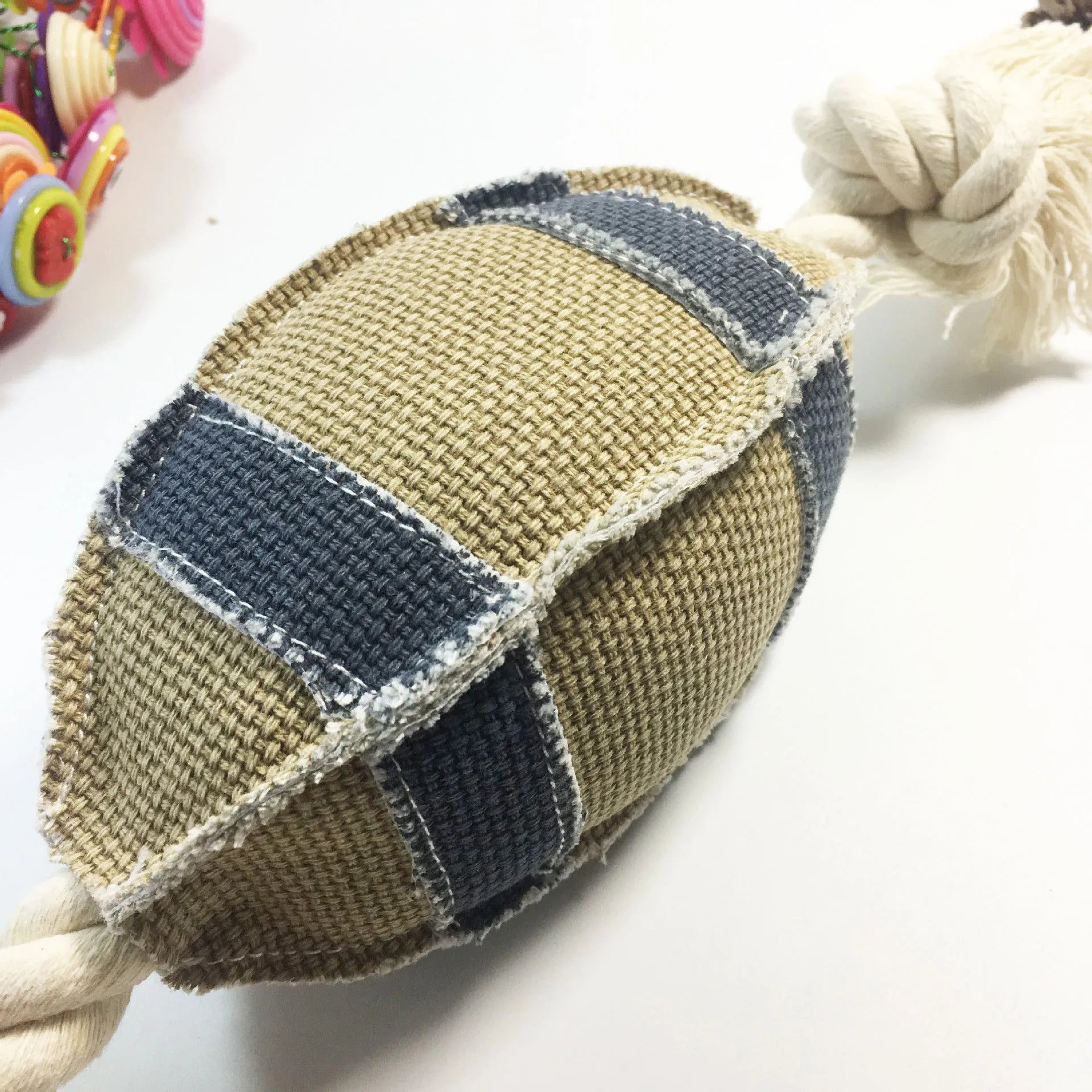 Linen cotton rope dog toy rugby football with bell, 24cm, bite resistant