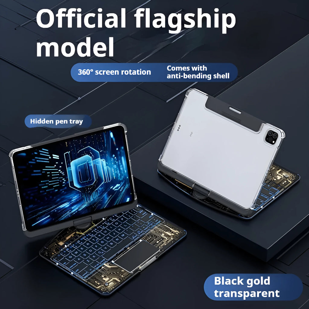 Transparent rotating keyboard protective case for Apple iPad Air tablet showing detachable wireless keyboard.