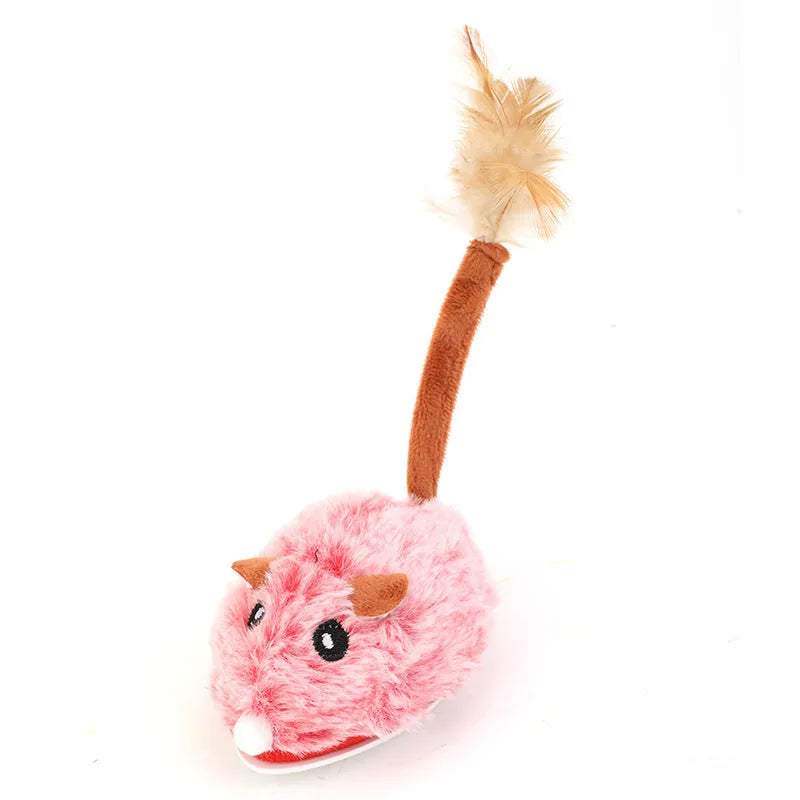 Electric cat toy with plush mouse on pole, available in dark grey, pink or purple colours