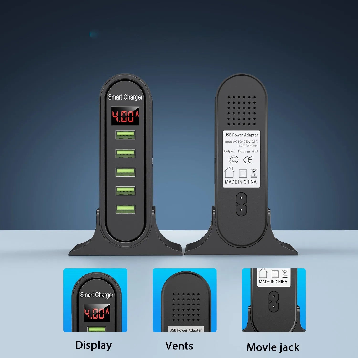 Black and white Smart LED Digital Display USB wall charger showing UK, US, and EU plug options.