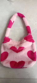 Love Fashion casual fluffy plush shoulder bag soft handbag for women in khaki shown on model