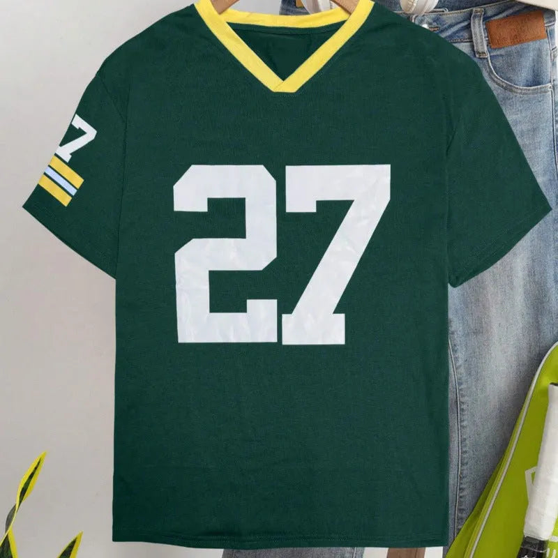 Green cotton loose fit T-shirt with digital printed white letter pattern short sleeves