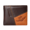 Korean style horizontal leather wallet with personality stitching, open to show bill holder, card slots and zipper compartment.