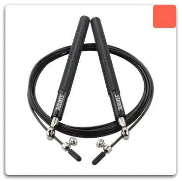 Crossfit speed jump rope with aluminum handle, wire cable, spare cable, and carrying bag in black