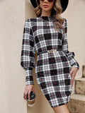 Black women's tight dress with lantern sleeves and leather stitching detail, mid-length polyester casual dress