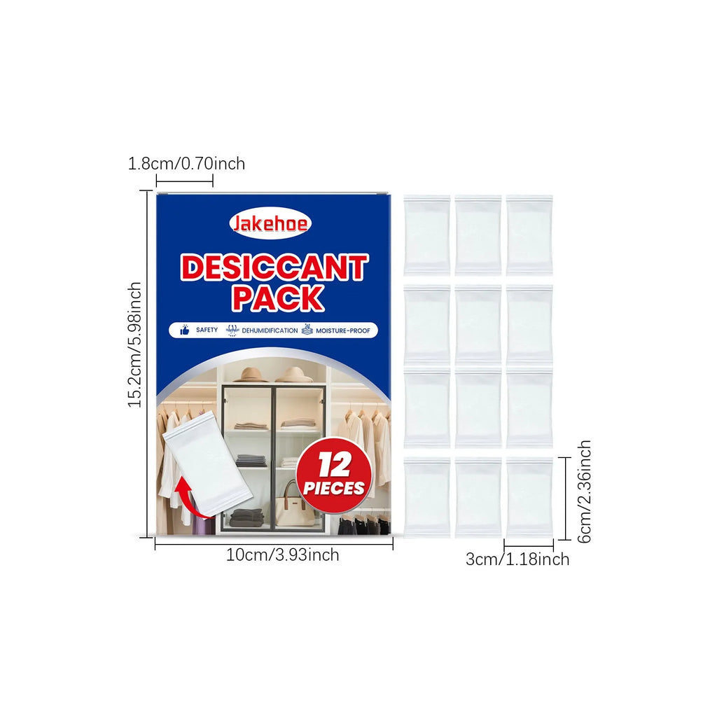 Pack of 12 calcium chloride and wood pulp desiccant units for household moisture and odor control.