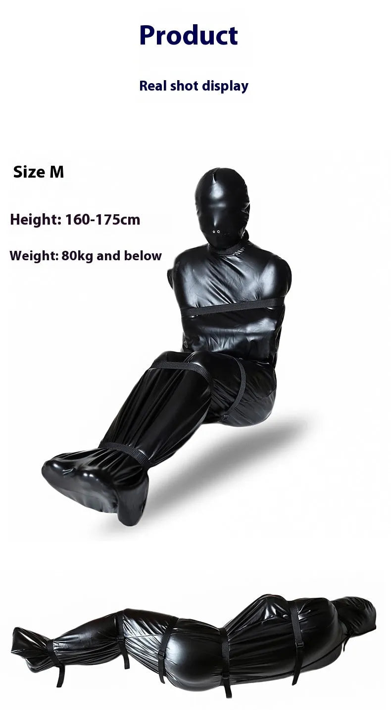 Black patent leather full-coverage body wrap with six ratchet tie down straps laid out.