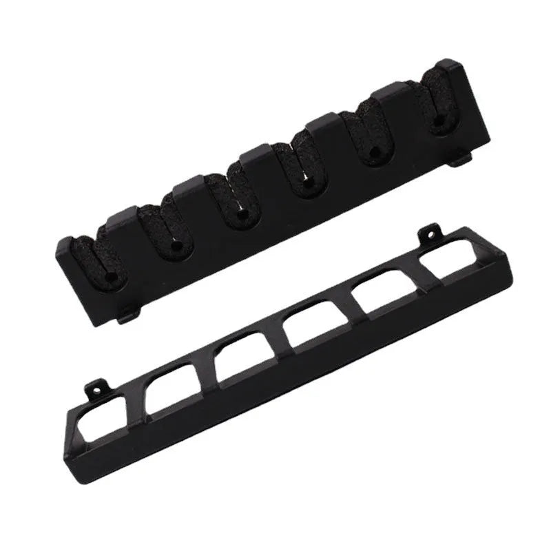 Black ABS plastic wall-mounted fishing rod holder showing vertical and horizontal mounting options