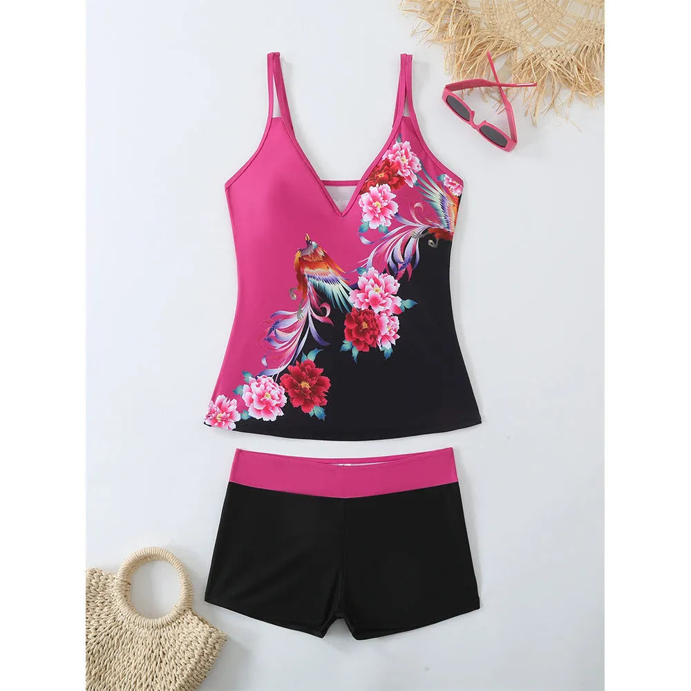Women's plus size two-piece swimsuit in black or rose red printed colour with cotton lining