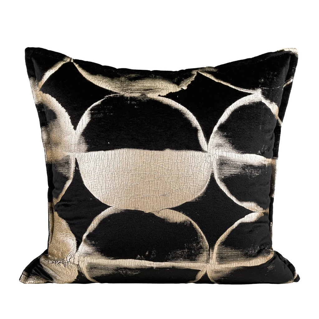 Black gold abstract flannel pillow with bronzed full moon pattern available in square and waist sizes