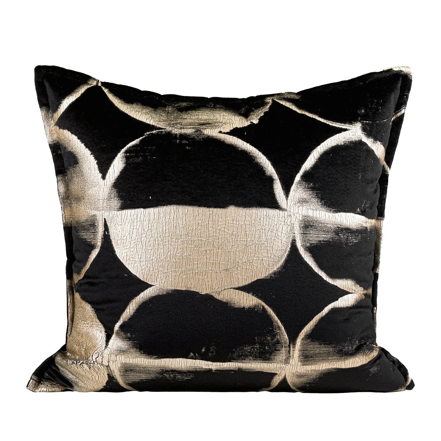 Black gold abstract flannel pillow with bronzed full moon pattern available in square and waist sizes