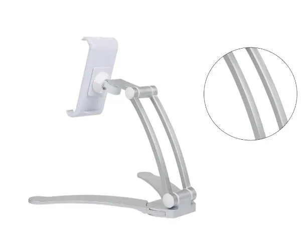 Silver aluminum alloy adjustable tablet stand holding a tablet with 360-degree rotation capability