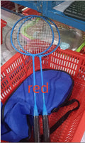 A pair of blue and red ultra-light alloy split badminton rackets laid out side by side.