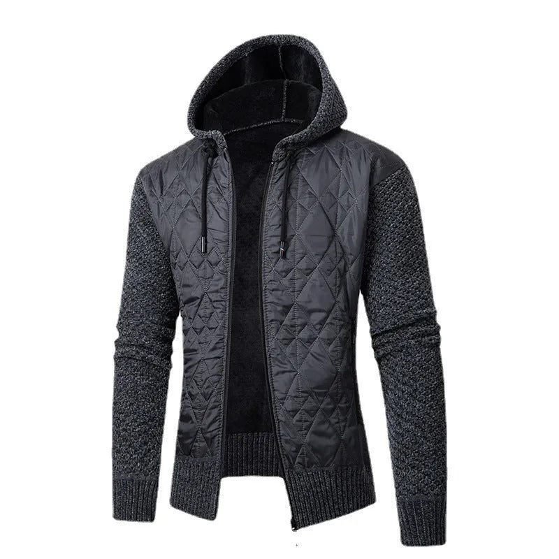 Men's grey corduroy hooded sweater coat with a cinched waist, shown front view.