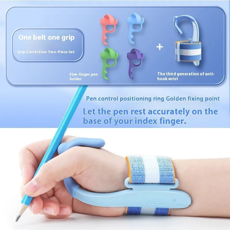 Blue anti-hook wrist brace pen corrector for children's handwriting posture on a desk.