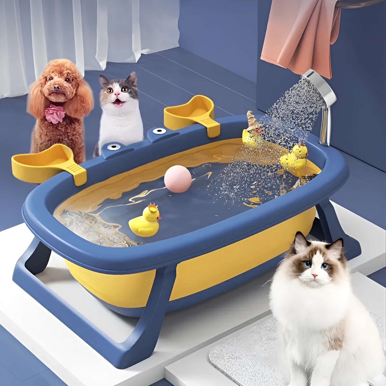 Foldable portable pet bathing tub for small dogs and cats in blue and orange colours