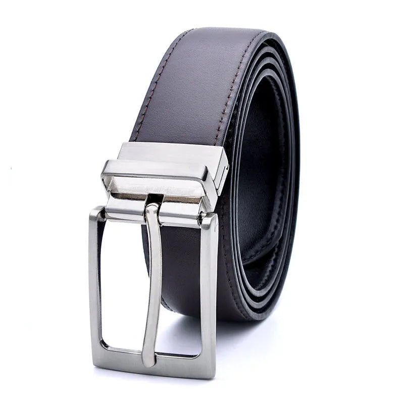 Men's brown and black genuine cowhide leather belt with rotating alloy pin buckle showing length measurement