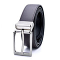 Men's brown and black genuine cowhide leather belt with rotating alloy pin buckle showing length measurement