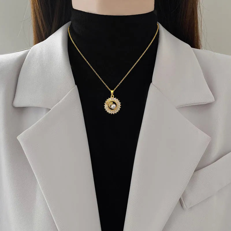 Personalised square full diamond leaf design jewellery set with necklace, earrings, and ring in titanium steel and gold-plated copper