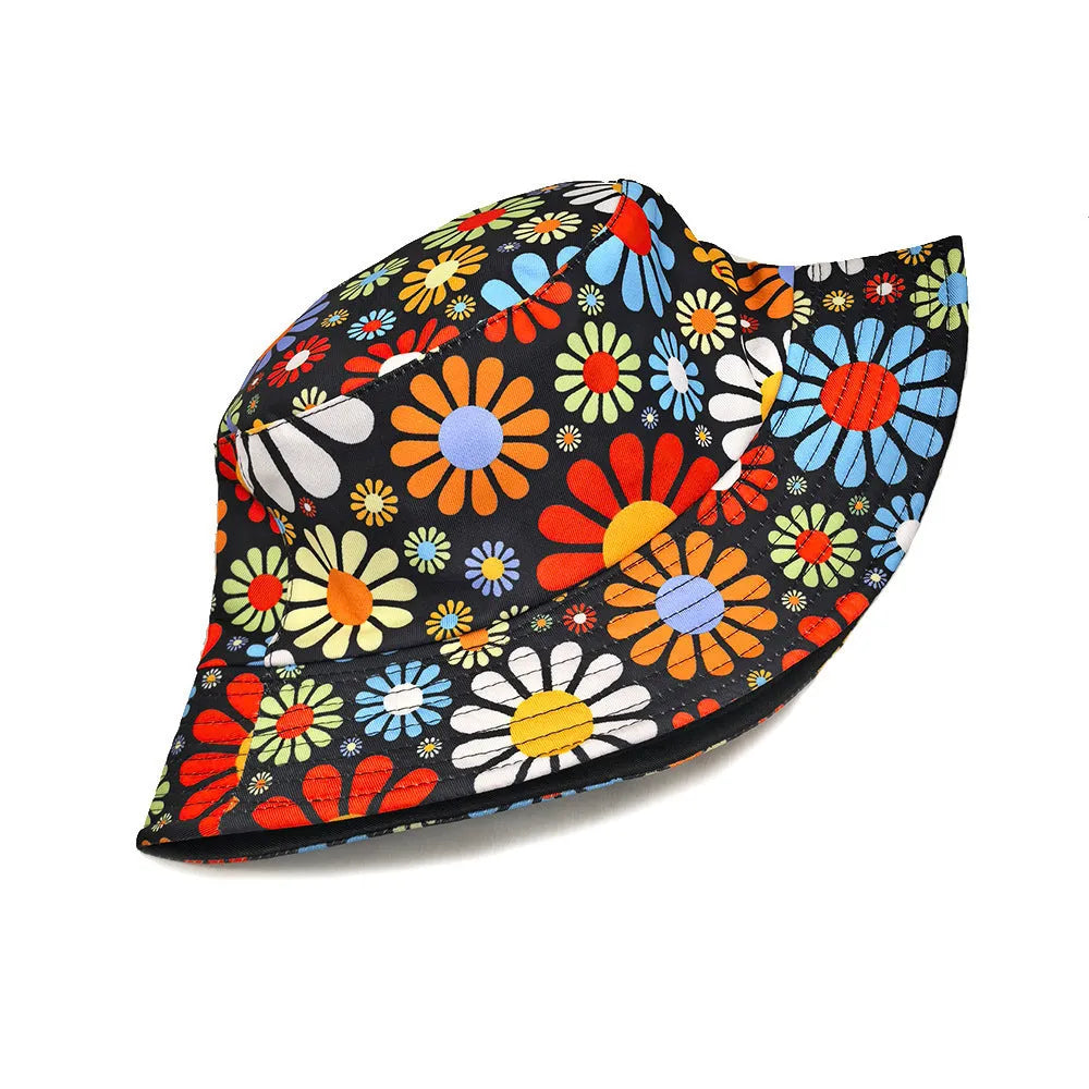 Colourful floral print polyester bucket sun hat with a dome crown, shown on a white background.