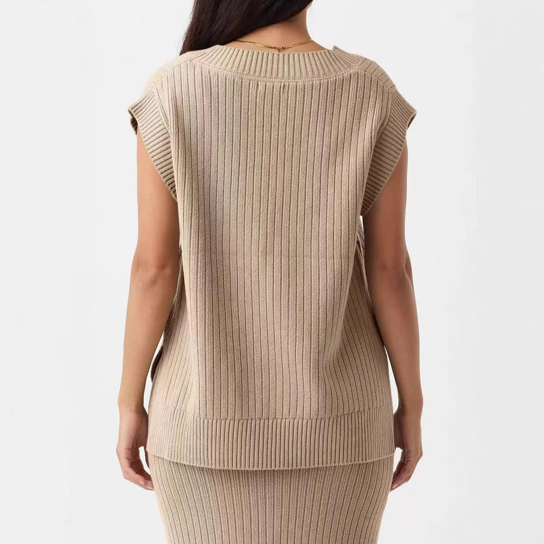 V-neck sleeveless loose pullover vest in camel colour with folding design details