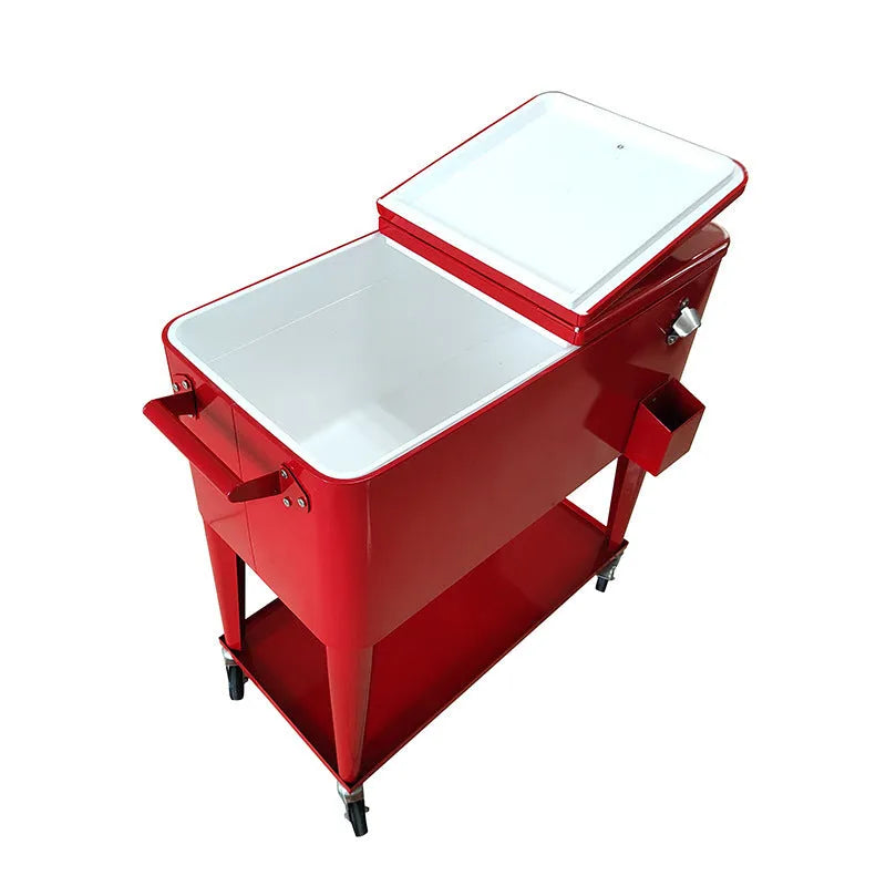 Red outdoor metal insulated cart with ice bucket functionality and 750ml capacity
