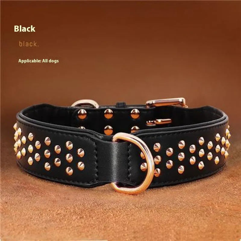 Leather dog collar with brass rivets in black, chocolate, or pink colour options for medium and large dogs.