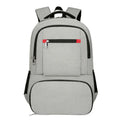Light grey insulated Oxford cloth backpack with curved shoulder straps, shown with dry-wet separation compartment open.