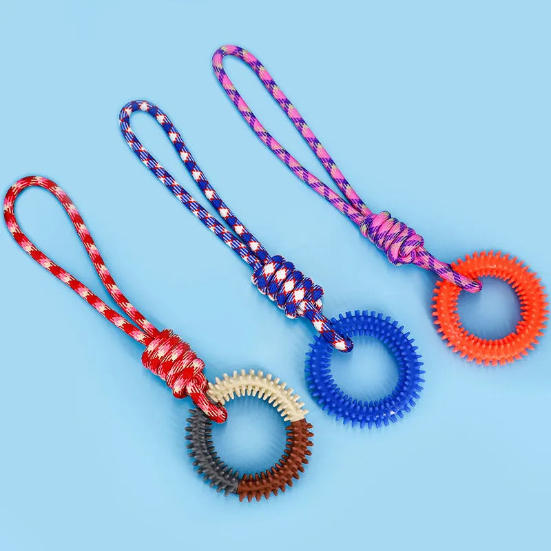 Blue braided rope dog chew toy with knotted ends on a wooden floor