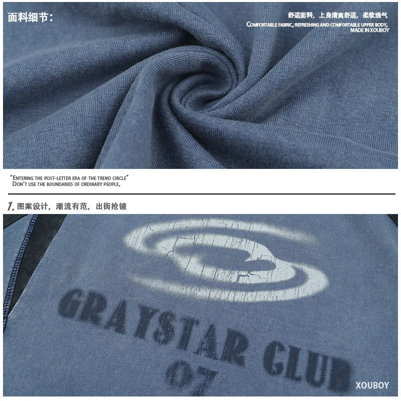 Men's blue hip hop letter print T-shirt with raglan sleeves, laid flat.