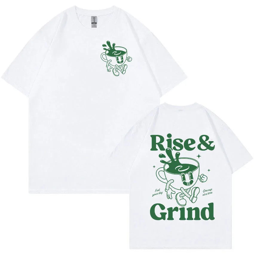 Men's loose fit linen blend T-shirt with green coffee cartoon print, shown in black.
