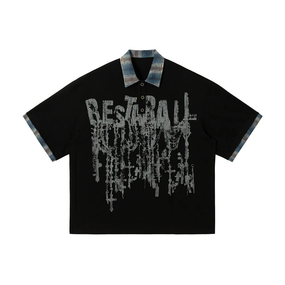 Men's loose fit cotton top with graffiti print on lapel and asymmetric design in blue or red.