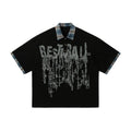 Men's loose fit cotton top with graffiti print on lapel and asymmetric design in blue or red.