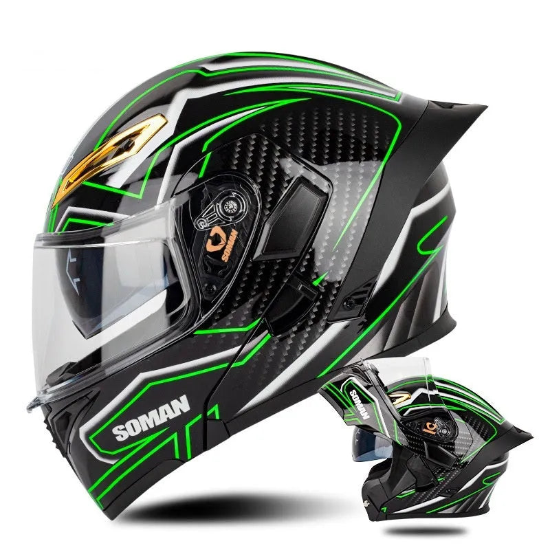 Double lens exposed motorcycle helmet in bright black and green lines with sun visor