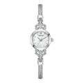 Women's quartz watch with gold white face and slim 8mm profile.