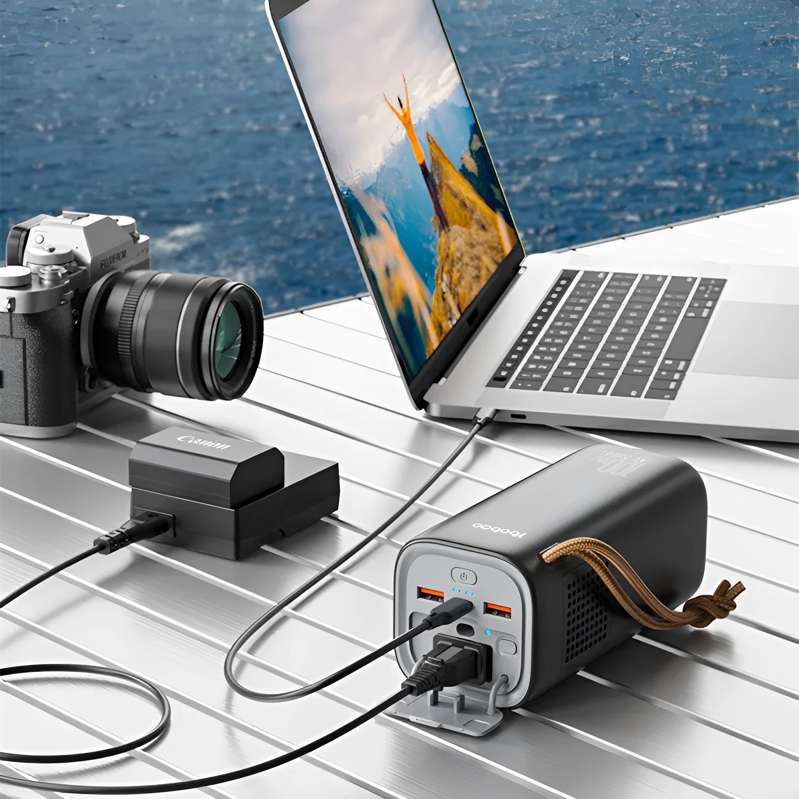 Black emergency power bank with 20000 mAh capacity and 200W output for outdoor and travel use