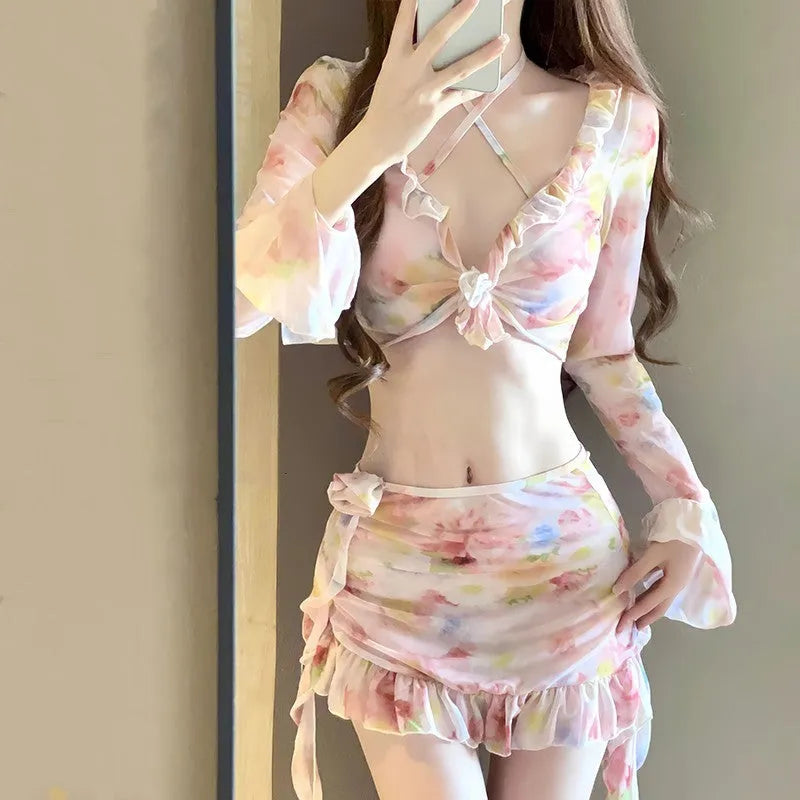 Women's floral bikini swimsuit in cherry blossom pink colour with polyester fabric