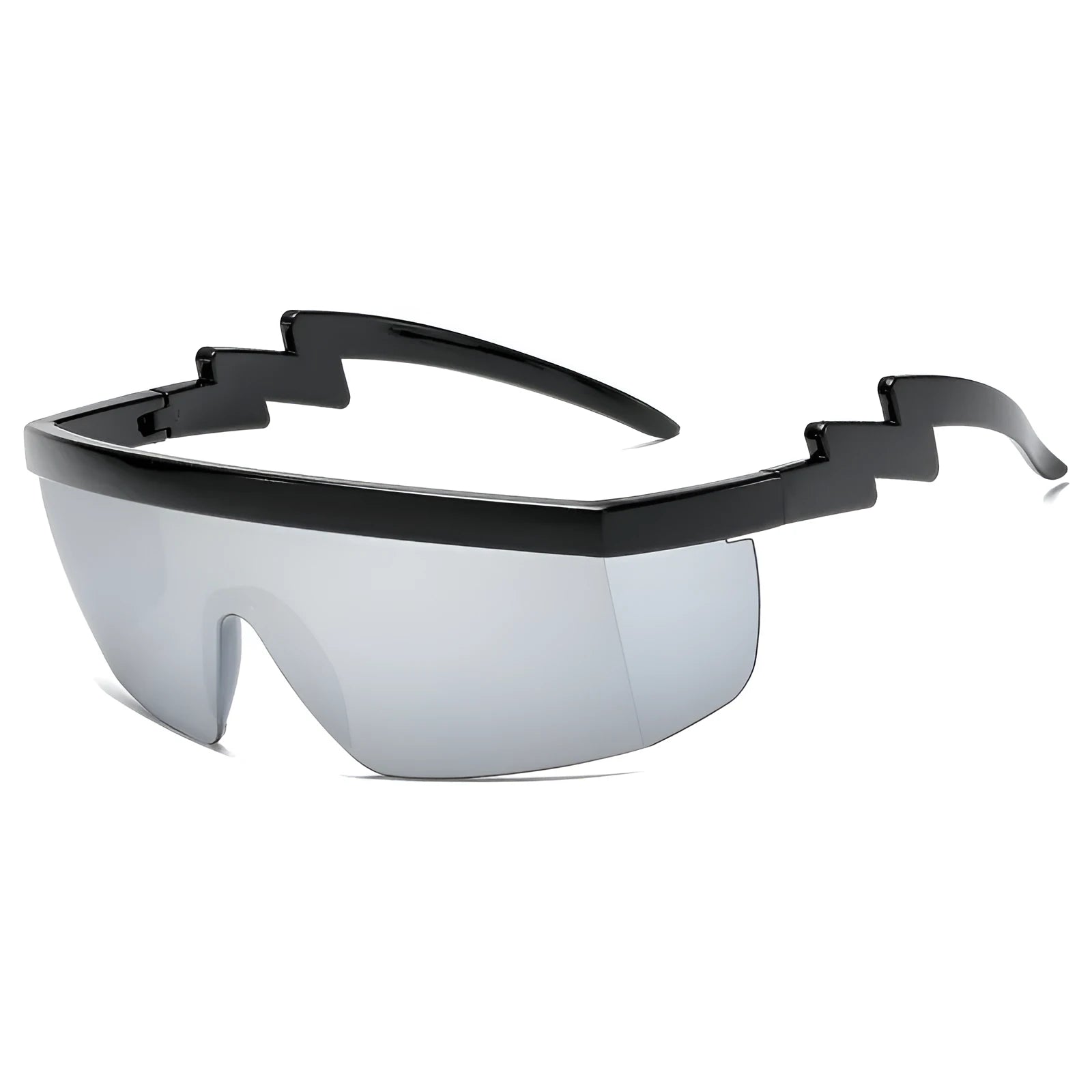 One-piece sports sunglasses with lightning leg design in black frame with blue PC lenses
