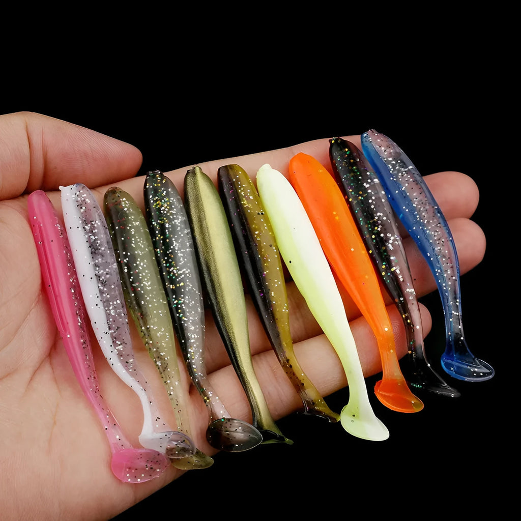 Soft worm fishing lure with T-tail in assorted colours, 7cm long for Mandarin fish.
