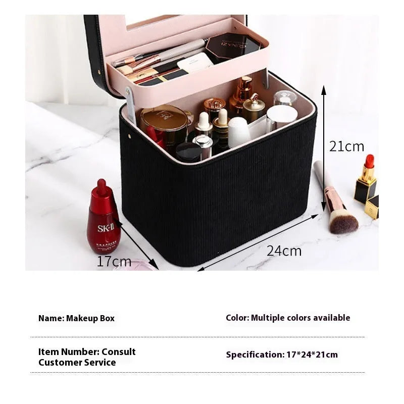 Large corduroy fabric cosmetic storage box with a polyester cotton lining.
