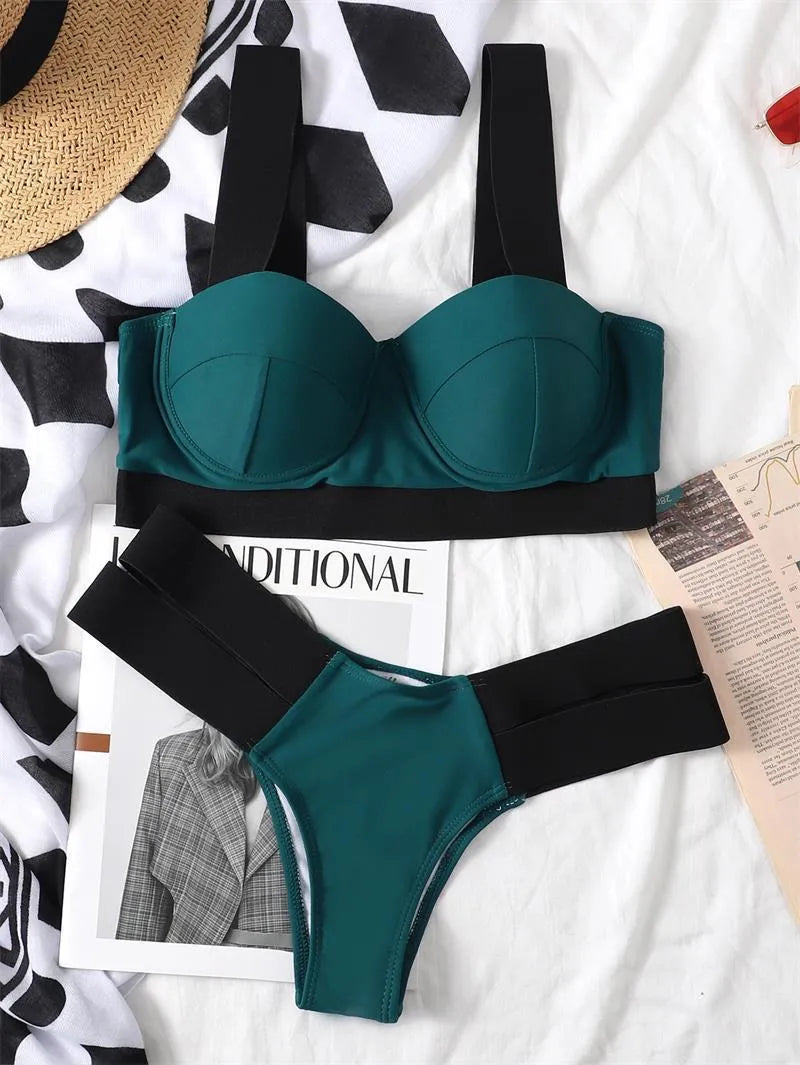 Women's steel bracket push-up bikini swimsuit in contrast colours: black, blue, peacock blue, and rose red.
