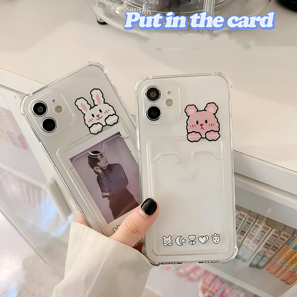 Transparent cartoon design iPhone case with a card slot on the back