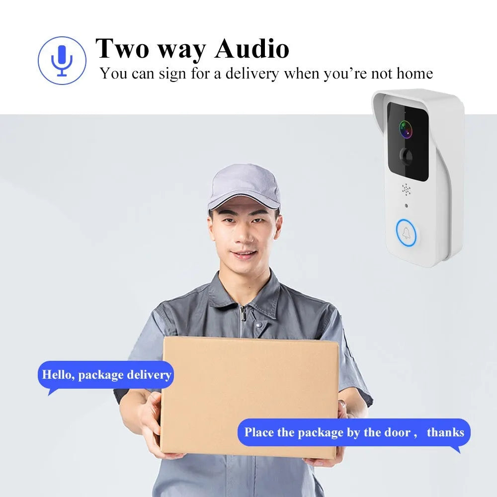 Black or white smart visual doorbell with camera, button, and waterproof casing for outdoor mounting.