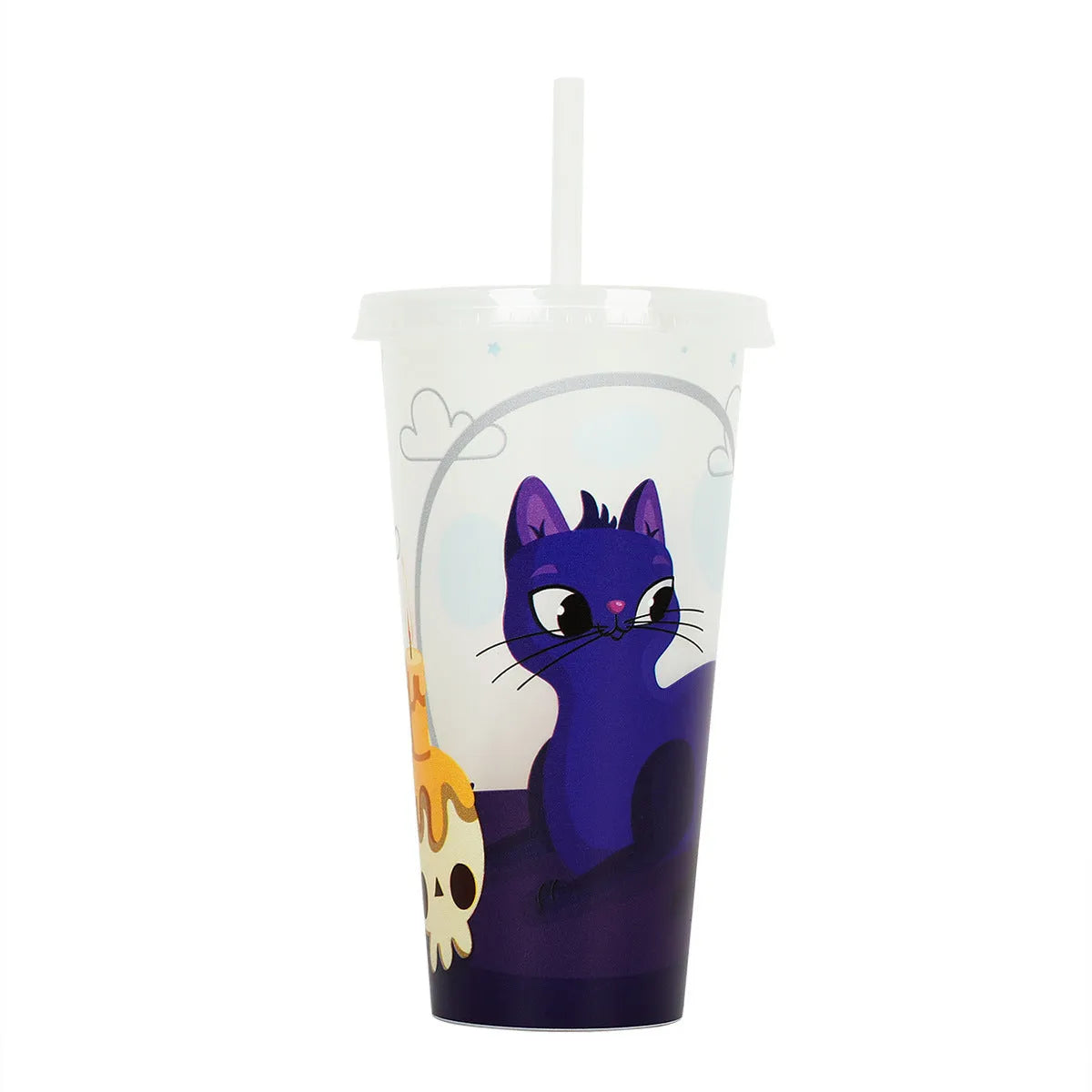 Halloween luminous plastic straw cup with sippy lid, 720ml capacity, in assorted colours.