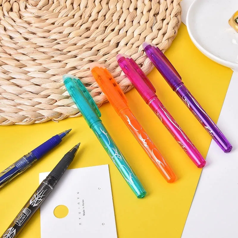 Set of heat-erasable gel pens with plastic shells and stainless steel nibs, showing 0.5mm and 0.7mm tip options.