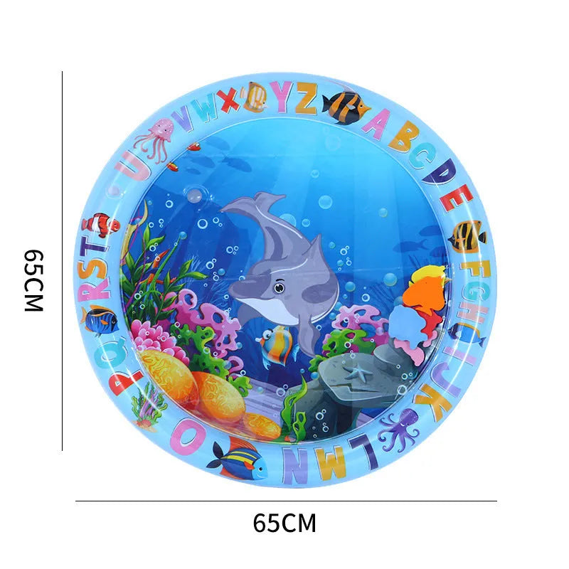 Thickened PVC water playmat for cats and dogs on floor with floating fish toys inside.