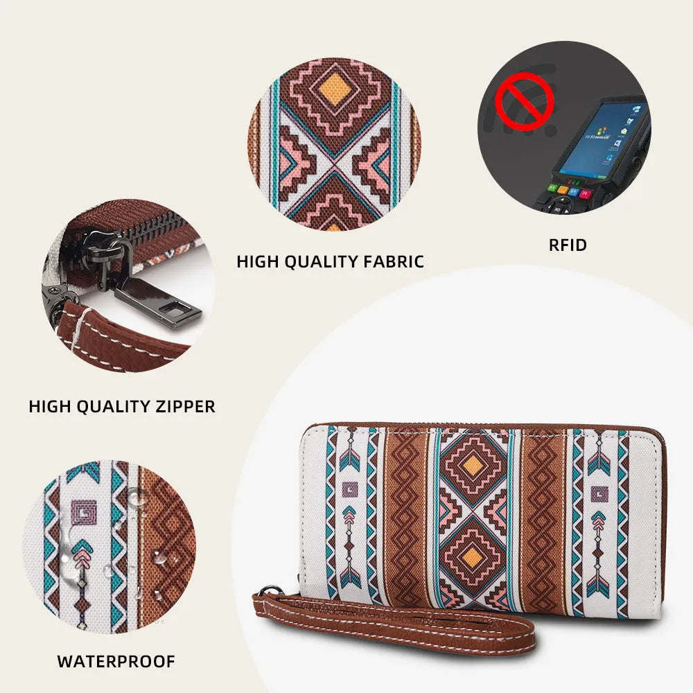 Bohemian striped canvas RFID blocking wallet with wind belt closure in beige colour