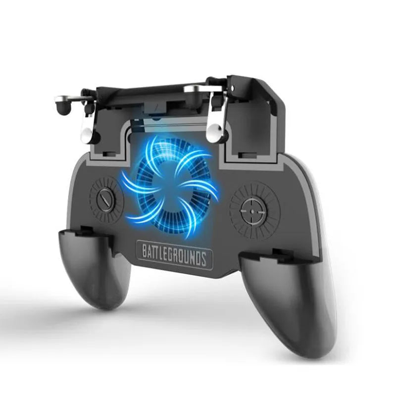 Black mobile game controller with aluminium alloy frame and USB cable for smartphones.